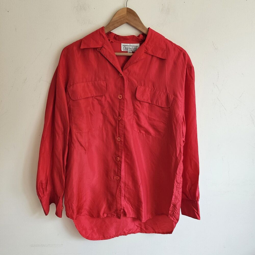 Christie & Jill Women’s 100% Silk Blouse – Vivid Red – Long Sleeve – Size Small
